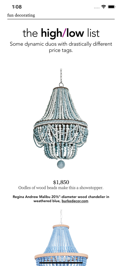HGTV Magazine US - A page from the HGTV Magazine app showcasing the high low list for home decor featuring a luxury wood bead chandelier