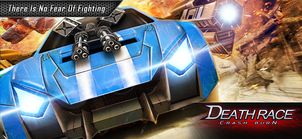 Death Race : Crash Burn - A blue combat racing car with mounted machine guns in an explosive action scene from the game Death Race Crash Burn.