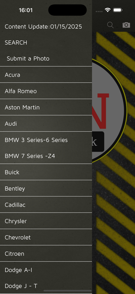 ShiftLock - A vertical list of car brands in the ShiftLock app including Acura, BMW, and Cadillac for accessing shift release instructions.
