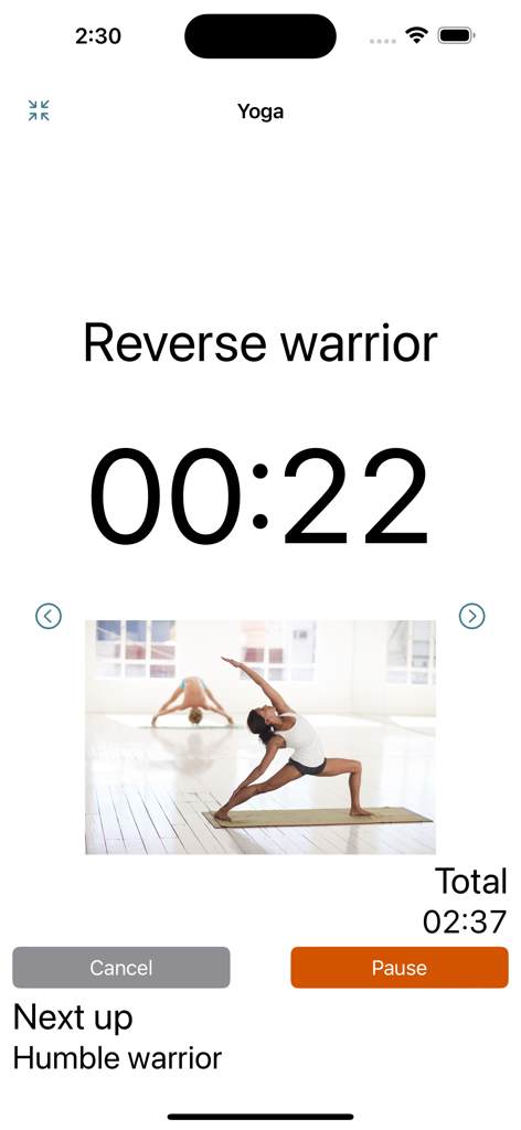 Next Up Pro - Interval Timer - Next Up Pro interval timer interface showing a yoga session for the reverse warrior pose with a countdown timer.