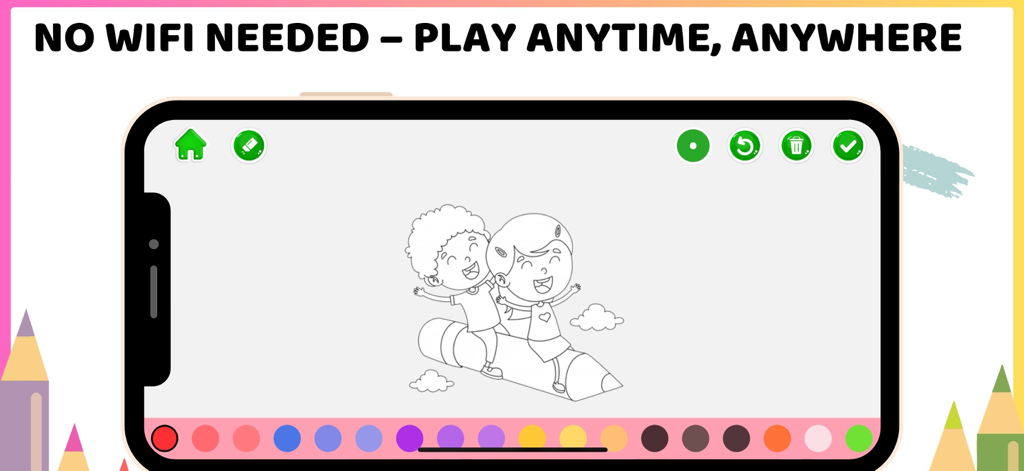 Easy Drawing & Painting - Ein Screenshot der Easy Drawing and Painting App, der eine Malvorlage von Kindern auf einem Bleistift mit einer Offline-Spielmeldung zeigt