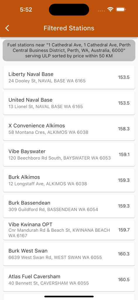 Fuel Price Tracker - Perth, WA - Filtered list of fuel stations in Perth displaying addresses and real-time prices.