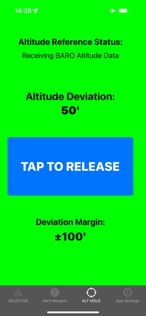 AltitudeAlert app interface showing the altitude hold mode with altitude deviation and margin settings on a green screen