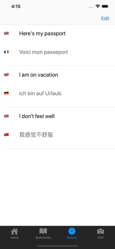 Verlauf-Bildschirm der Übersetzer-App, der eine Liste übersetzter Reisephrasen in Französisch, Deutsch und Chinesisch anzeigt