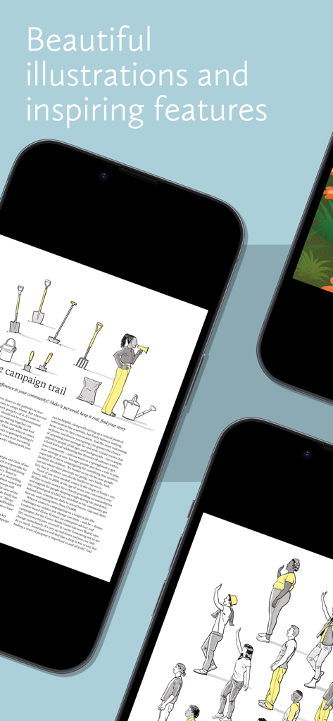 Capturas de pantalla de la aplicación de la revista Breathe que muestran ilustraciones artísticas y funciones inspiradoras de mindfulness