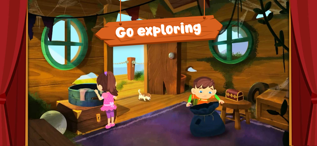 Zac and Zoey characters in a wooden treehouse with a sign that says Go exploring
