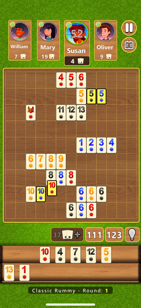 A gameplay screen of Classic Rummy showing colorful numbered tiles organized in sequences and groups on a board