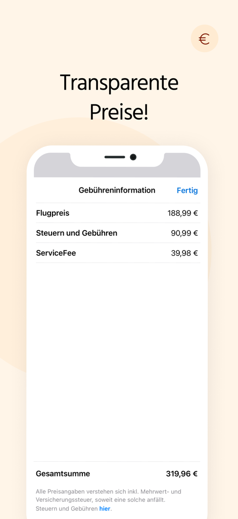 Aufschlüsselung der Flugkosten in der Fluege.de App, die transparente Preise mit Steuern und Servicegebühren zeigt