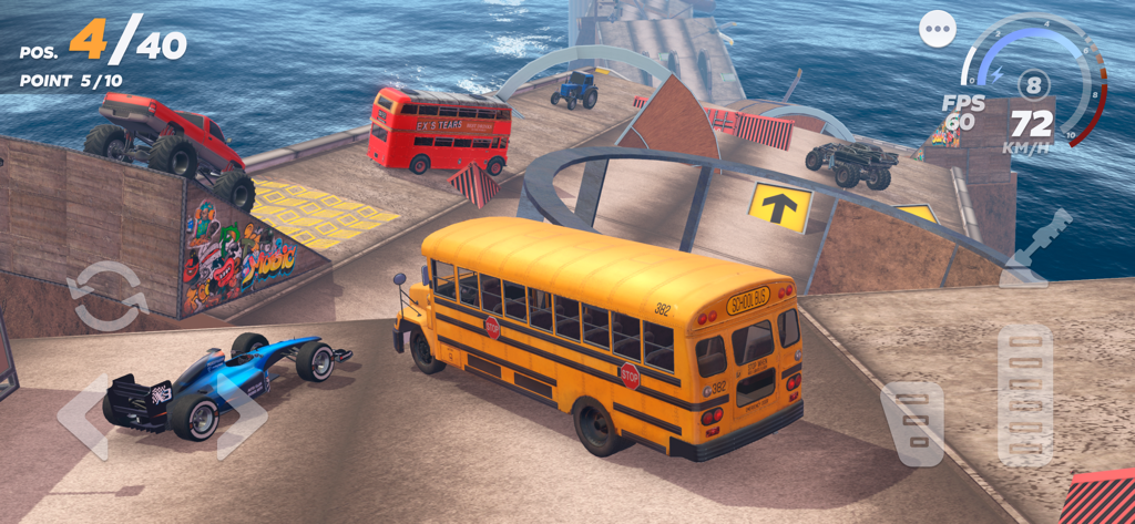 Fall Cars Online - A school bus and racing cars navigating a mega ramp stunt track over the ocean