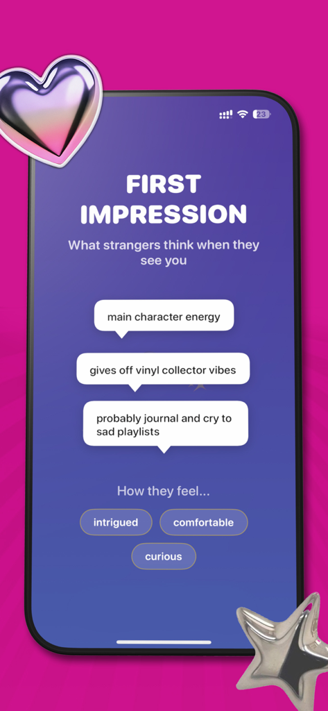 FaceVibe AI - get analyzed - FaceVibe AI app screen showing a First Impression analysis with personality traits like main character energy and emotional responses like intrigued.