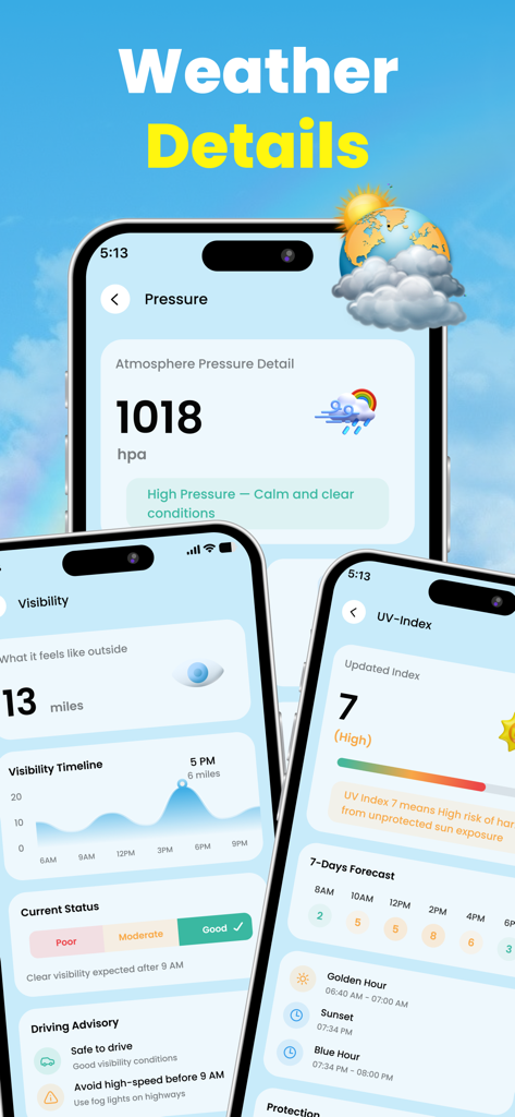 Thermometer: Room Temperature - Oberfläche der Thermometer-App mit detaillierten Wettermetriken, einschließlich atmosphärischem Druck, Sichtweite und UV-Index