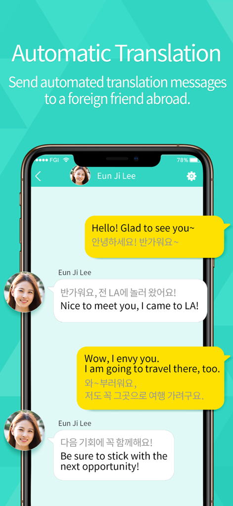 ARGO 소셜 영상 채팅 앱 인터페이스에 영어와 한국어 간 실시간 메시지 번역 기능 표시