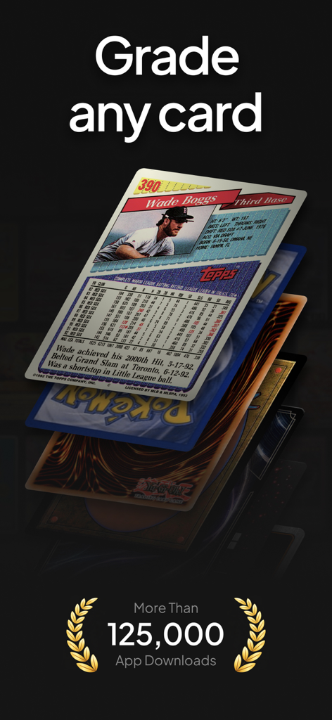 Promotional screen for Card Grader Pro highlighting over 125,000 downloads and the ability to grade various trading cards including baseball and TCGs.