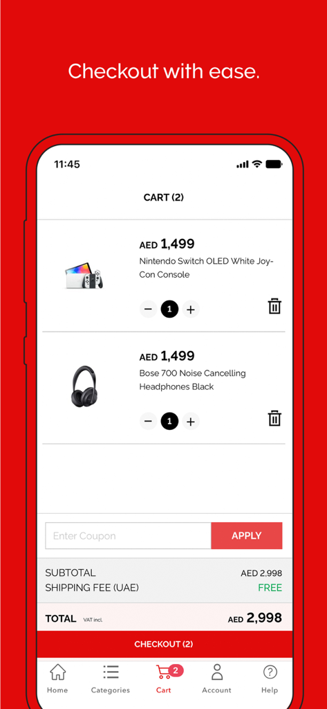 A screenshot of the Virgin Megastore mobile app shopping cart displaying a Nintendo Switch and Bose headphones with a checkout button.