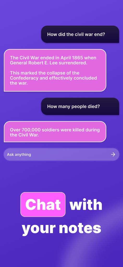 Interfaz de chat de IA en la aplicación Kiwinote para hacer preguntas sobre tus notas