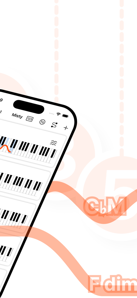 Interface of GenChord app showing a visual library of piano chords and scales