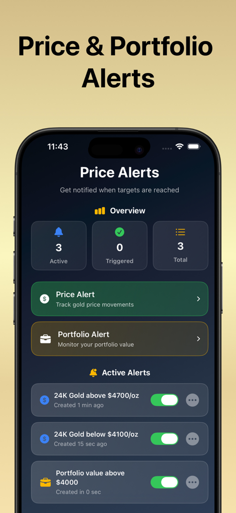 Gold Prices Tracker - Interface of the Gold Prices Tracker app showing price and portfolio alert settings for gold investors