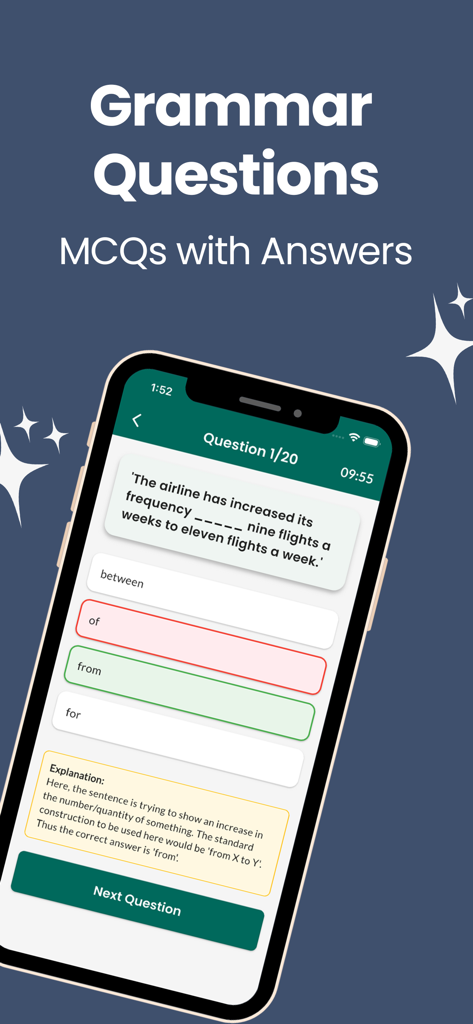 100 English Grammar Rules - Pantalla de cuestionario de gramática inglesa que muestra preguntas de opción múltiple y explicaciones detalladas