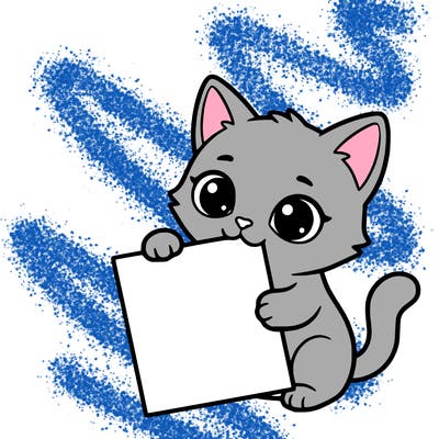 a small cat with a blank sheet of paper in its hand. the cat is sooooooo cute!