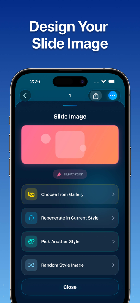 Gamma: AI Presentation Maker - Interfaz de la aplicación Gamma AI para personalizar imágenes y estilos de diapositivas de presentación