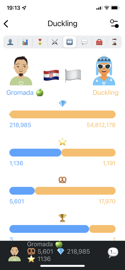 A comparison screen between two players in the Yamb app showing their statistics and rankings with progress bars