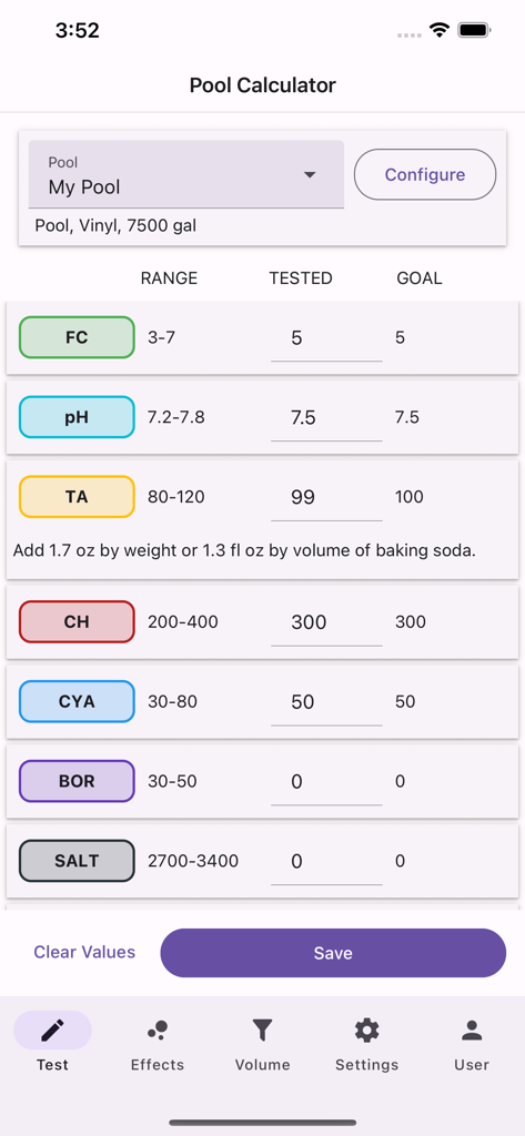 Pool-Calculator - Pool-Calculator app interface showing chemical levels and treatment recommendations for a swimming pool