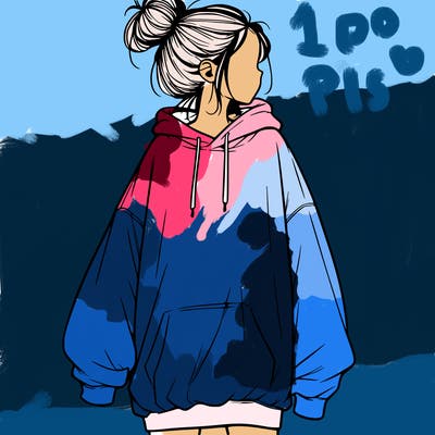 realistic girl with a oversized sweatshirt on and a bun