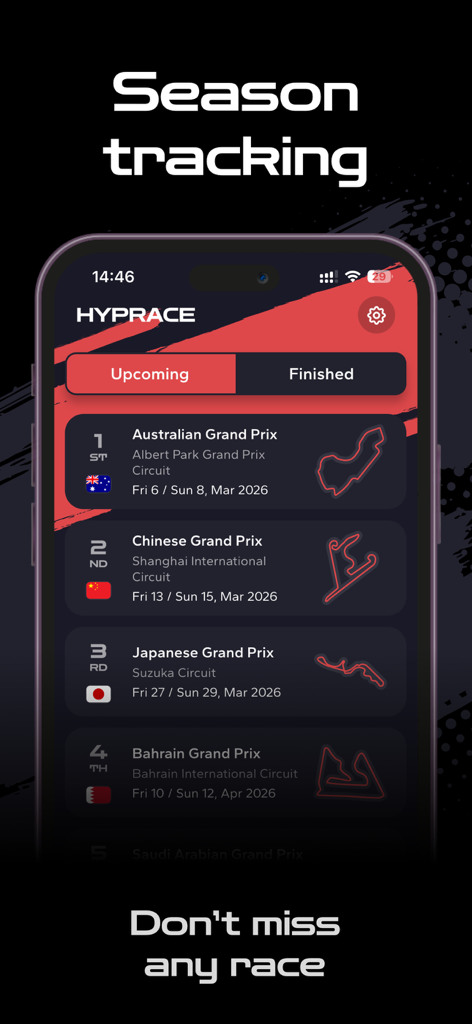 Hyprace - Hyprace App-Oberfläche, die den bevorstehenden Formel 1 Rennplan anzeigt
