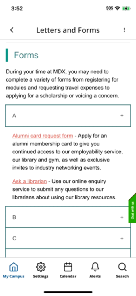 MyMDX app showing the Letters and Forms page for Middlesex University students