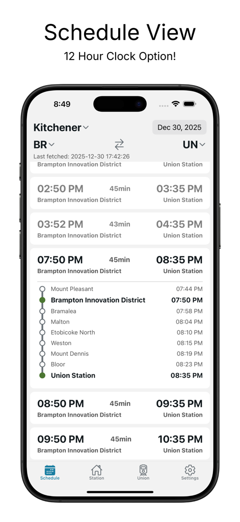 Go Train Track - Go Train Track app schedule view showing train times between Brampton and Union Station