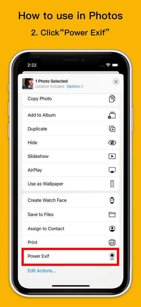 iPhone screen showing the Power Exif option highlighted in the iOS Photos share menu