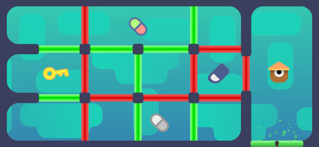 A minimalist logic puzzle level with red and green paths and a yellow key