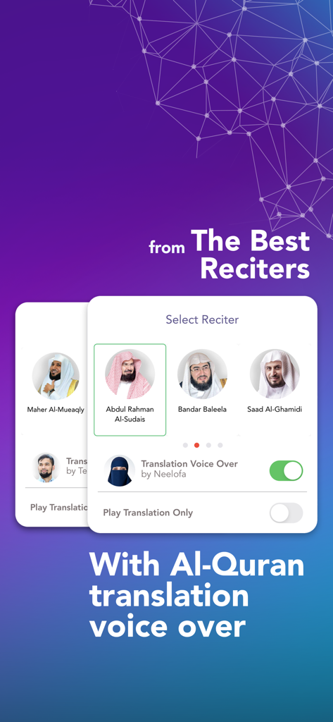 TheNoor - Azan, Quran, Qiblah - Interface of TheNoor app showing a selection of famous Quran reciters and a translation voice over toggle.