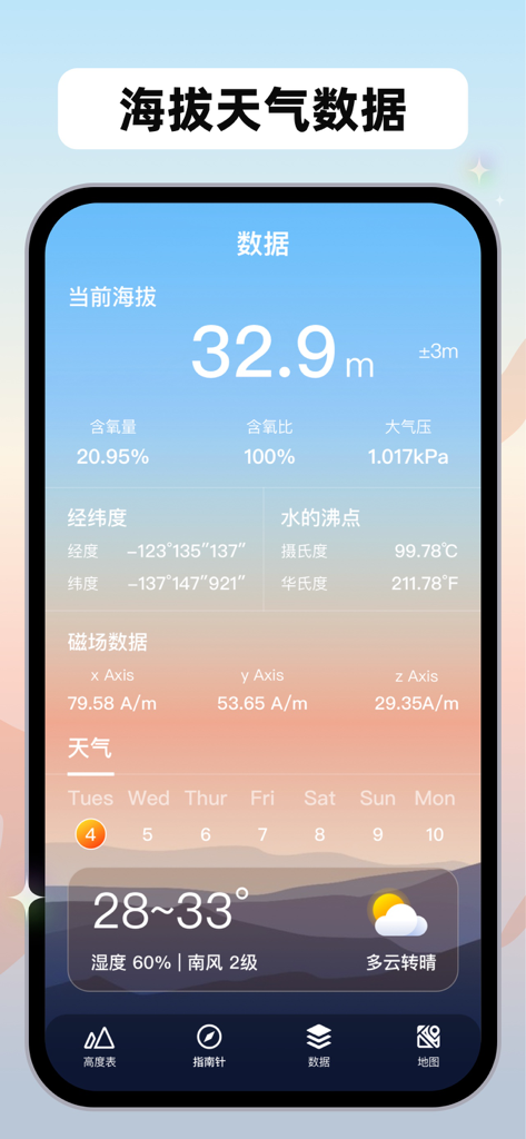 户外高度表-指南针经纬度测量 - Tela do aplicativo de altímetro de exterior exibindo altitude, pressão do ar, coordenadas e previsão do tempo.