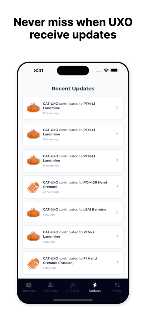 CAT-UXO - CAT-UXO app screen displaying a list of recent updates on landmines and grenades