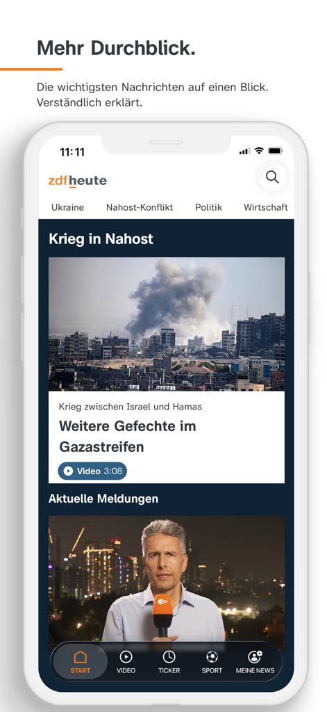 ZDFheute - Nachrichten - iPhoneに表示されたZDFheuteニュースアプリ。ヘッドラインとナビゲーションを備えたメインのニュースフィードが表示されています。