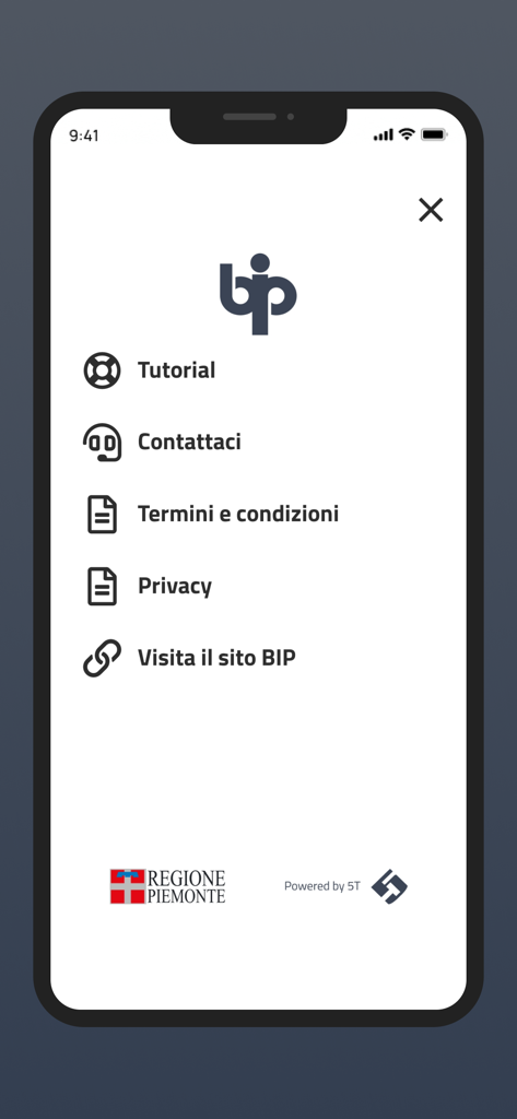 Schermata del menu dell'app Bip Piemonte che mostra opzioni per tutorial, informazioni di contatto, termini e condizioni e informativa sulla privacy