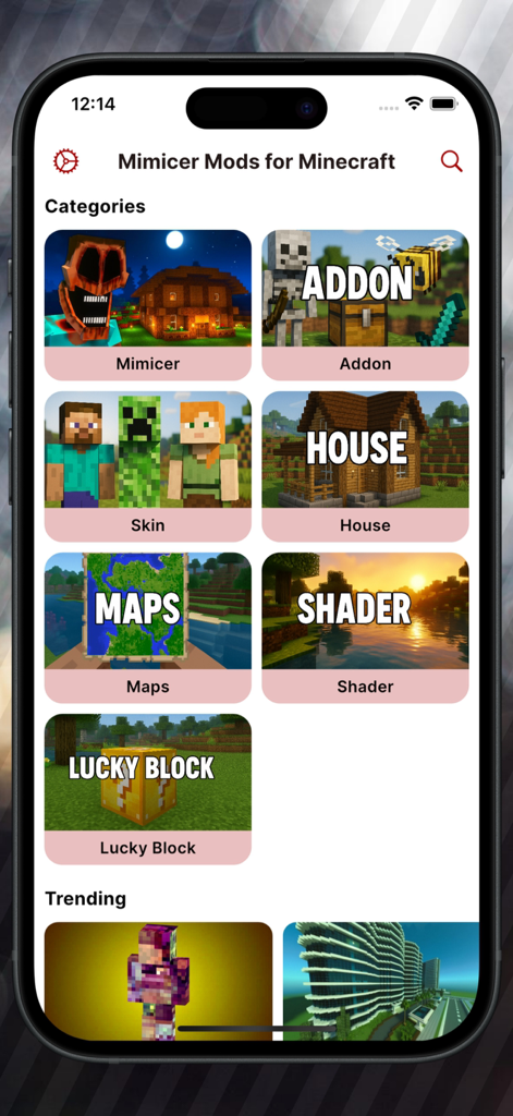 Categories screen of the Mimicer Mods for Minecraft PE app showing skins, shaders, and maps