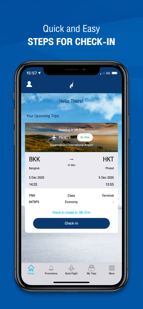 Bangkok Airways - バンコクからプーケットへの今後のフライト詳細とオンラインチェックインボタンを表示するバンコクエアウェイズモバイルアプリ