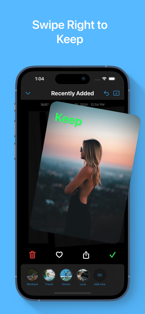 Interfaz de la aplicación móvil mostrando una foto que se desliza hacia la derecha para conservarla en la galería