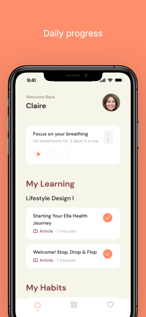 The Ella Health app dashboard displaying daily progress with breathing exercises and completed educational articles for pelvic pain management
