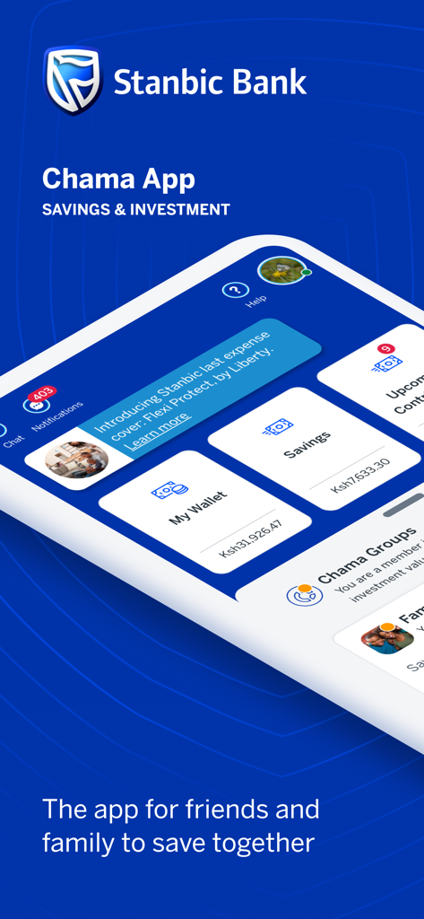 Stanbic Chama App dashboard showing personal wallet and group savings balances