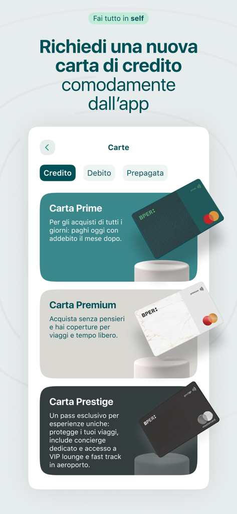BPER mobile app screen showing credit card options including Carta Prime Premium and Prestige