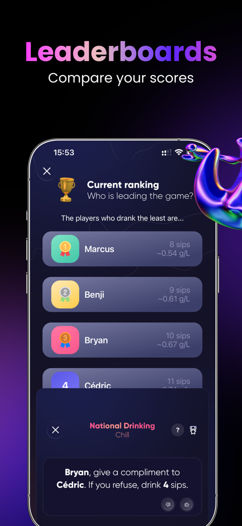 Sombre soirée - Party Games - Leaderboard interface in Sombre Soiree party game showing player rankings and drink counts