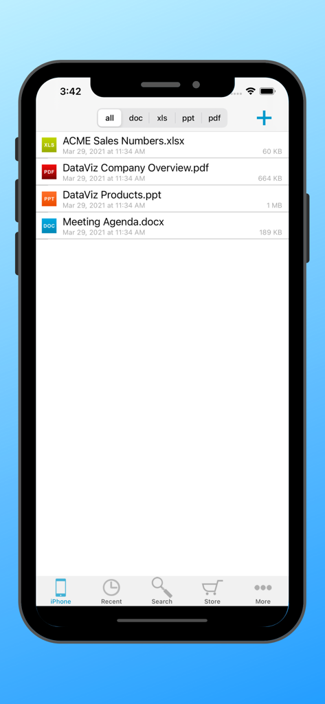 Docs To Go Standard file manager on iPhone displaying a list of office documents including Excel PDF PowerPoint and Word files