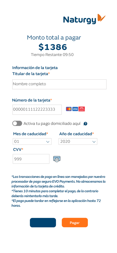 Naturgy Contigo mobile app credit card payment form for gas bill