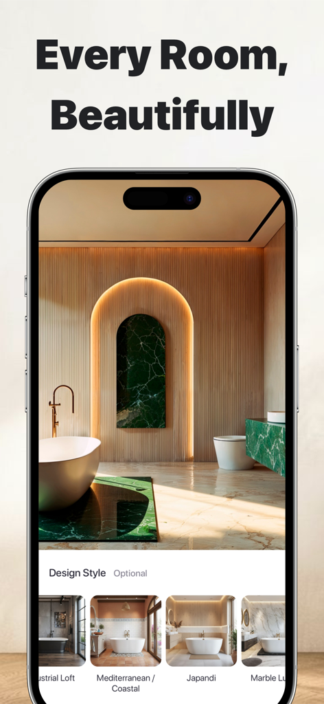 Interfaz de aplicación móvil House Design AI que muestra opciones de diseño de baño de lujo, incluidos estilos Japandi y Marble Luxury.