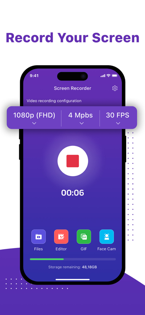 Screen recorder: Record now! - Aplicación de grabadora de pantalla que muestra configuraciones HD de 1080p y herramientas para creadores de contenido como Facecam y creador de GIF