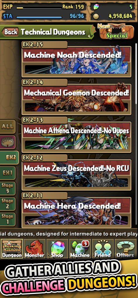 Una lista de desafiantes Mazmorras Técnicas en el juego móvil Puzzle and Dragons
