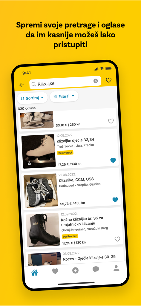 Njuškalo - Screenshot der Njuskalo Mobile App, die Suchergebnisse für Schlittschuhe mit der Option zum Speichern von Suchanfragen für den schnellen Zugriff zeigt